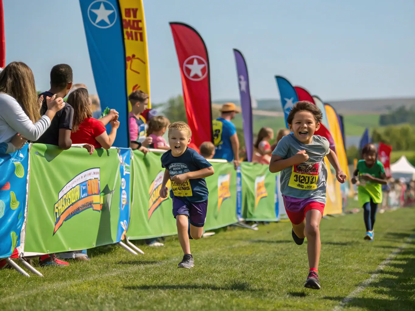 A group of children participating in a fundraising event, such as a nature walk or a bake sale, to support outdoor education initiatives.