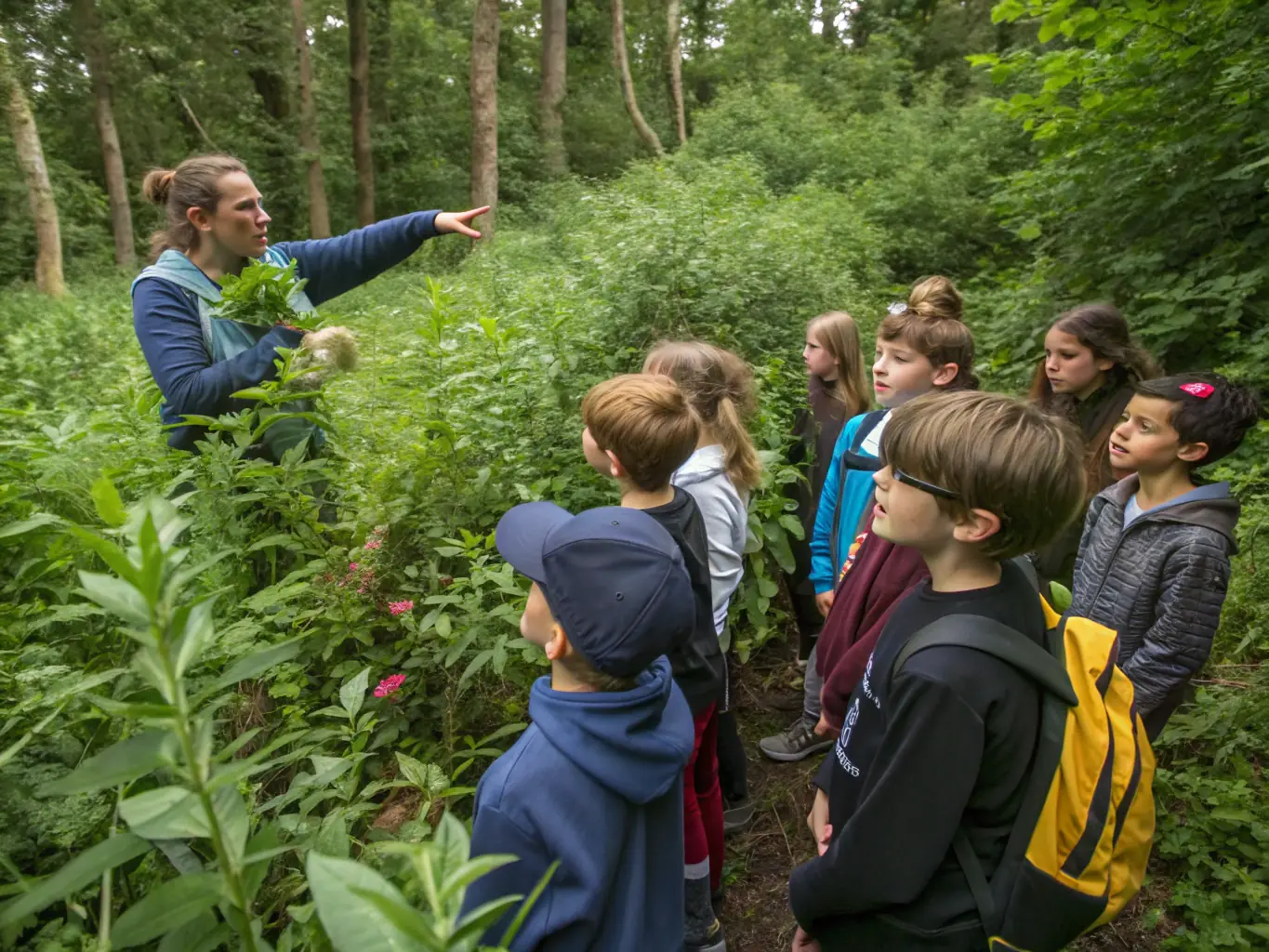 A classroom scene set outdoors, with children sitting on logs around an instructor who is pointing to a plant. The setting is a lush forest, and the children are engaged and curious.