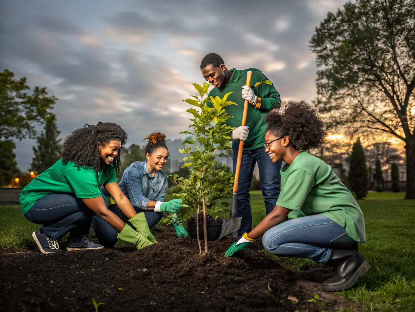 A group of volunteers planting trees in a forest, symbolizing the act of giving back to nature and supporting environmental education.