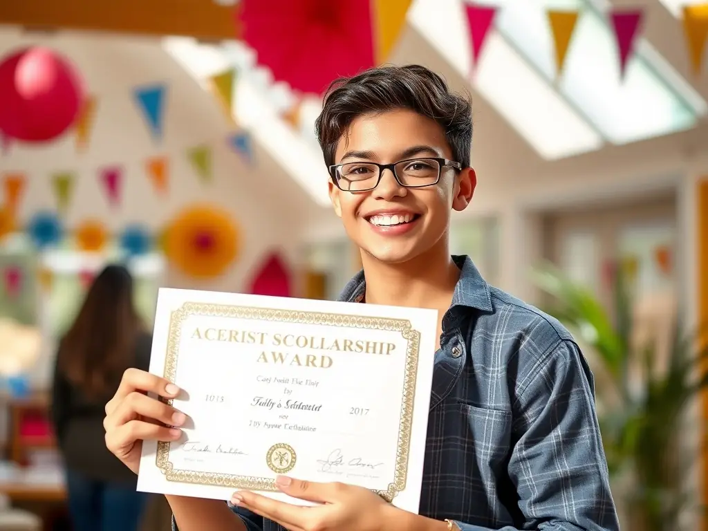 A child happily receiving a scholarship certificate for an outdoor program, representing the impact of donations on making outdoor education accessible.